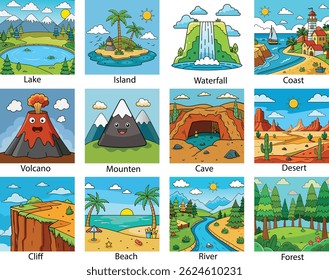 Colorful Nature and Landscape Icons for Educational and Travel-Themed Designs.