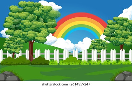 Colorful Nature Landscape with Rainbow, Trees, and White Picket Fence