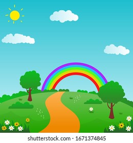 Colorful nature landscape vector illustration with rainbow, flowers and bright sky suitable for kids background 