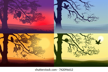 Colorful nature landscapes set with bee hive squirrel owl and bird nest on trees vector illustration