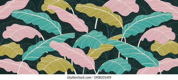 Colorful nature leaves background vector. Floral pattern, Tropical leaf with line arts, jungle plants, Exotic pattern with palm leaves. Vector illustration.