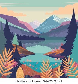 Colorful Nature View of River Mountain with Pine Tree Floral Plant