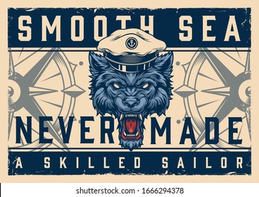 Colorful nautical horizontal template with ferocious wolf head in sea captain hat in vintage style vector illustration
