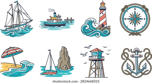 Colorful nautical illustration collection featuring sailboats, fishing boat, lighthouse, compass, beach umbrella, rocky coastline, lifeguard tower, and anchor with rope. Ideal for travel branding, beach tourism, maritime products, summer designs, coastal decor, apparel, posters, packaging, and greeting cards.Colorful nautical illustration collection featuring sailboats, fishing boat, lighthouse, compass, beach umbrella, rocky coastline, lifeguard tower, and anchor with rope. Ideal for travel branding, beach tourism, maritime products, summer designs, coastal decor, apparel, posters, packaging, and greeting cards.