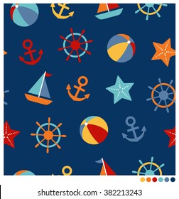 Colorful nautical kids style seamless vector pattern with anchor, ball, sailboat, starfish and boat steering wheel