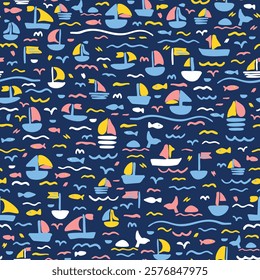 Colorful nautical sea life seamless repeat pattern. Hand drawn, vector boats, waves, fishes, wales and birds aop, all over print on dark blue background.	