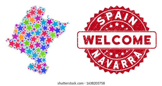 Colorful Navarra Province map composition of stars, and distress rounded red WELCOME stamp seal. Abstract territory scheme in bright color hues. Vector Navarra Province map is designed of color stars.