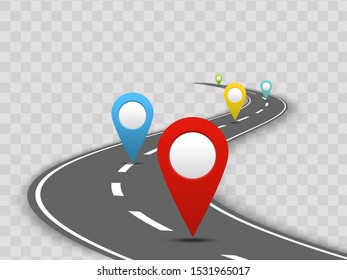 Colorful navigation concept with light navigational pointers and curved perspective road on transparent background. Isolated vector illustration