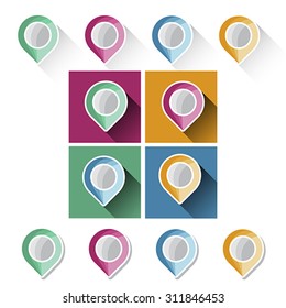 Colorful navigation markers, with long shadow. Route and location symbol