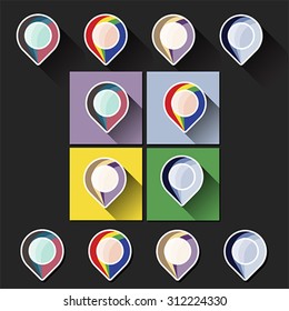 Colorful navigation markers, with long shadow. Route and location symbol