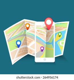 Colorful navigation pointers pointing to the world map on blue background.