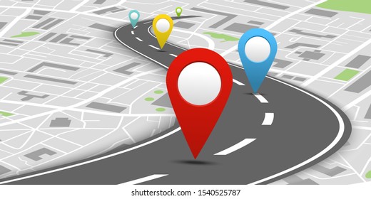 Colorful navigation system concept with bent road colorful pins and city map. Vector illustration