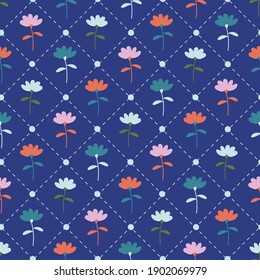 Colorful Navy Blue Floral Seamless Pattern