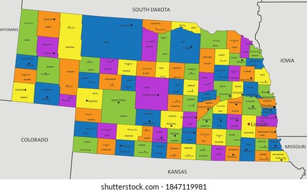 Colorful Nebraska Political Map Clearly Labeled Stock Vector (Royalty ...