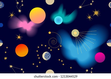 Colorful nebula print. Seamless vector pattern with stars, comets and planets on dark blue background.
