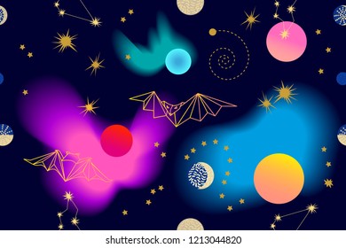 Colorful nebula print. Seamless vector pattern with stars, constellations and planets on dark blue background.