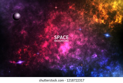 Colorful nebula. Realistic space background. Color cosmos backdrop. Spiral galaxy and shining stars. Planet and stardust. Abstract futuristic space wallpaper. Vector illustration.