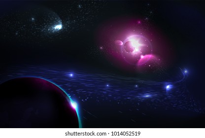 Colorful Nebula In Space Background. Glowing Planet In Starlight. Realistic Cosmic Vector Illustration.