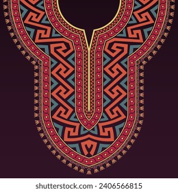 Diseño de cuello colorido al estilo griego antiguo con patrones de clave griega, geométricos y loto egipcio sobre un fondo morado oscuro. Adecuado para kurta, kurti, kaftan y camisas de dashiki africanas.