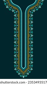 Colorful neck design for embroidery Indian kurta in Greek art style. Vibrant vintage floral pattern design for decoration on the neck of kaftan dress, African dashiki shirt, thobe, and Muslim tunic.