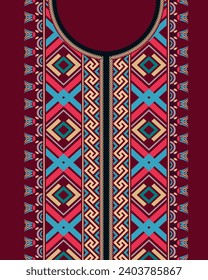 A colorful neck embroidered design in a retro style with Greek Fret patterns, geometric shapes, and Egyptian lotus. Suitable for kaftan dress, kurta, kurti, robe, tunic, blouse, and U-neck shirt.
