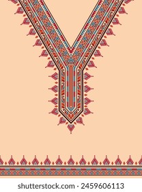 Colorful neckline pattern design in retro style with Thai tribal motifs, fret patterns, and geometric shapes. Suitable for V-neck embroidery kaftan, tunic, and wax print African dashiki shirt.