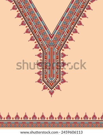 Colorful neckline pattern design in retro style with Thai tribal motifs, fret patterns, and geometric shapes. Suitable for V-neck embroidery kaftan, tunic, and wax print African dashiki shirt.