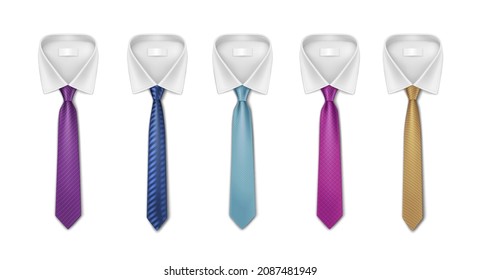 Colorful neckties for formal wear, white collar office workers outfit. Realistic ties set isolated on white background. 3d silk cravats. Vector illustration