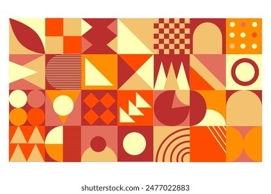 Buntes Neo Geo Vektorgrafik Poster aus Quadraten und Kreisen. Moderner Grid-Flyer mit geometrischen Formen, geometrischen Grafiken und abstrakter Hintergrund-Vektorgrafik. Geometrisches Gitter Banner Hell Präsentation il