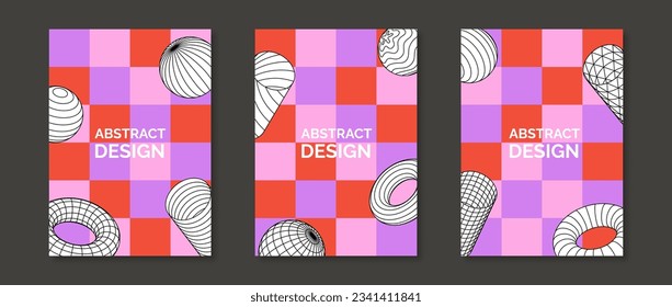 Colorful neo geometric design posters set. Collection of 3d torus, cone, cylinder and sphere shapes on checkered background. Set of retro futuristic templates for cover, banner, flyer. Vector pack