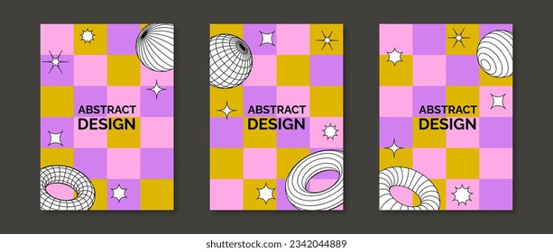 Colorful neo geometric design posters set. Collection of 3d torus, cone, cylinder, sphere, bling shapes on checkered background. Set of retro futuristic templates for cover, banner, flyer. Vector pack