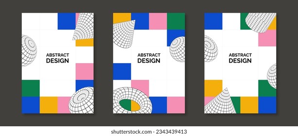 Colorful neo geometric design posters set. 3d torus, cone, cylinder and sphere shapes on checkered mosaic background. Set of retro futuristic templates for cover, banner, flyer. Vector pack