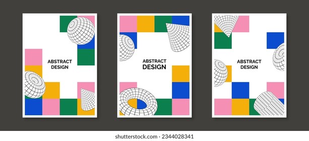 Colorful neo geometric design posters set. 3d torus, cone, cylinder and sphere shapes on bright checkered mosaic background. Set of retro futuristic templates for cover, banner, flyer. Vector pack