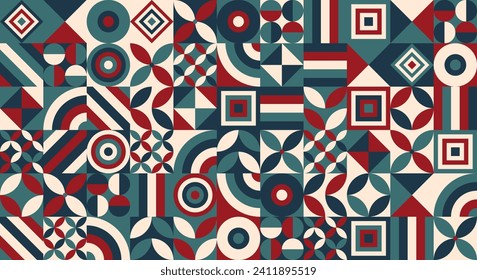 Patrón neogeométrico colorido. Cuadrícula con formas geométricas de color. El resumen de las formas es un patrón transparente. Conjunto moderno de ilustraciones del vector de fondo promocional abstracto. Formas cuadradas y redondeadas de cuadrícula.
