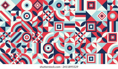 Patrón neogeométrico colorido. Cuadrícula con formas geométricas de color. El resumen de las formas es un patrón transparente. Conjunto moderno de ilustraciones del vector de fondo promocional abstracto. Formas cuadradas y redondeadas de cuadrícula.