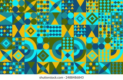 Colorful neo geometric pattern. Grid with color geometrical shapes. Abstract shapes seamless pattern. Modern abstract promotional background vector illustration set. Grid square and circle shapes.