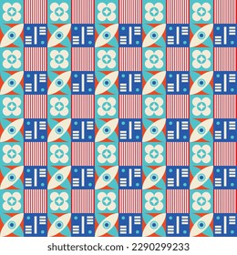 Farbiges neo-geometrisches Muster. Neo Geometrische Nahtlose Periode. Gitter mit geometrischen Farbformen. Moderner abstrakter Hintergrund, Vektorgrafik