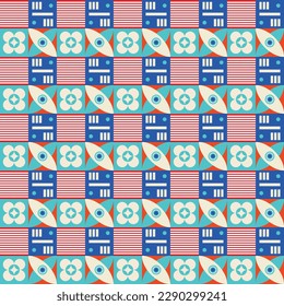 Farbiges neo-geometrisches Muster. Neo Geometrische Nahtlose Periode. Gitter mit geometrischen Farbformen. Moderner abstrakter Hintergrund, Vektorgrafik