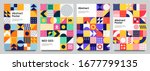 Colorful neo geometric poster. Grid with color geometrical shapes. Modern abstract promotional flyer background vector illustration set. Geometric template poster, brochure neo pattern