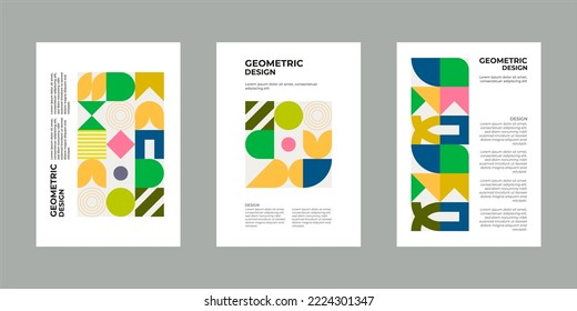 Colorful neo geometric poster. Grid with color geometrical shapes. Modern abstract promotional flyer background illustration set. Geometric template poster, brochure neo pattern