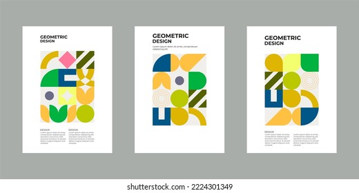 Farbiges neo-geometrisches Poster. Gitter mit geometrischen Farbformen. Moderner abstrakter Werbe-Flyer-Hintergrundgrafik-Set. Geometrisches Schablonenposter, Broschüre Neo-Muster