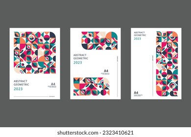 Colorful neo geometric poster. Grid with color geometrical shapes. Modern abstract promotional flyer background vector illustration set. Geometric template poster, brochure neo pattern