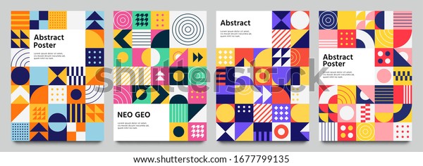 Colorful\
neo geometric poster. Grid with color geometrical shapes. Modern\
abstract promotional flyer background vector illustration set.\
Geometric template poster, brochure neo\
pattern