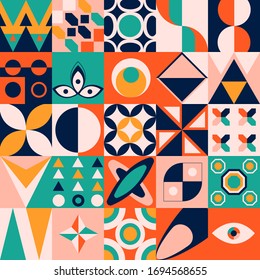 Colorful neo geometric seamless pattern. Modern pattern with squares and geometric shapes in avangarde style.