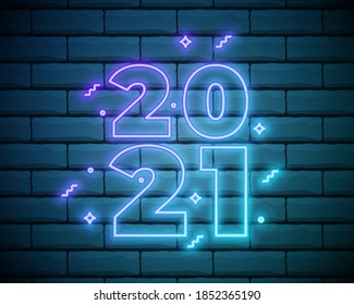 Colorful neon 2021 Happy New Year Neon banner. Realistic bright neon billboard on brick wall. Concept of holiday card with glowing text. 2021 Neon Text. Colorful Light Banner