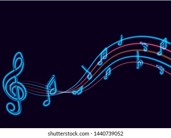 Colorful neon Abstract music notes on rainbow line wave background. colorful G-clef and music notes isolated vector illustration Can be adapt to Brochure, Annual Report,, Poster, music background.