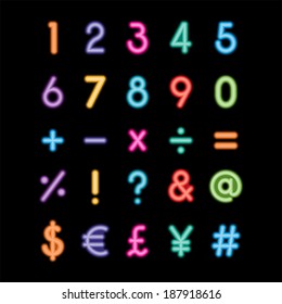 colorful neon alphabet number and symbols. vector.