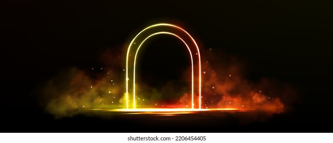 Arco de neón colorido y humo sobre fondo negro. Ilustración vectorial realista de puerta amarilla y roja brillando en la oscuridad, niebla y destellos en el aire. Túnel mágico, portal virtual o marco en el escenario