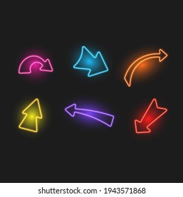 Colorful neon arrow set, vector illustration.