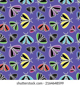 Colorful neon background with multicolored Moths. vector illustration